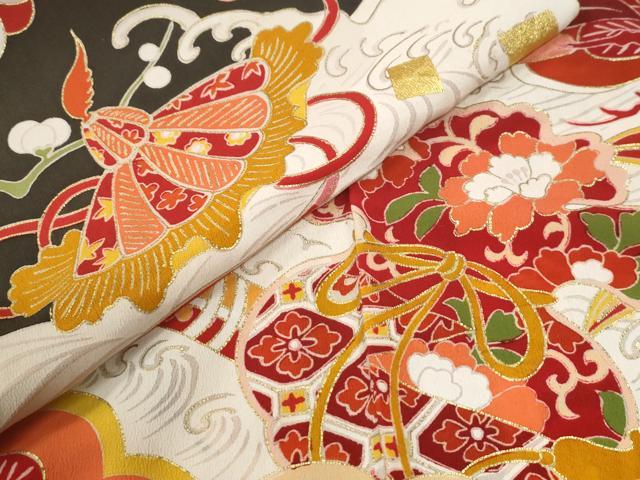 平和屋本店●アンティーク　大正ロマン　振袖　駒刺繍　飛鶴宝尽くし花松文　黒地　金彩　正絹　逸品　CABK7436yc