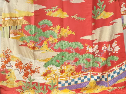 平和屋本店●アンティーク　大正ロマン　振袖　駒刺繍　雲取り松竹梅橘風景花文　金彩　正絹　逸品　CABK7437yc