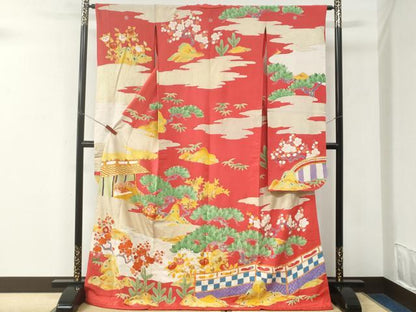 平和屋本店●アンティーク　大正ロマン　振袖　駒刺繍　雲取り松竹梅橘風景花文　金彩　正絹　逸品　CABK7437yc