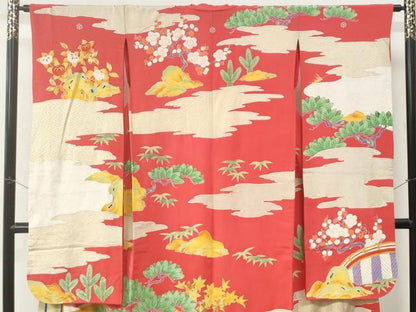 平和屋本店●アンティーク　大正ロマン　振袖　駒刺繍　雲取り松竹梅橘風景花文　金彩　正絹　逸品　CABK7437yc
