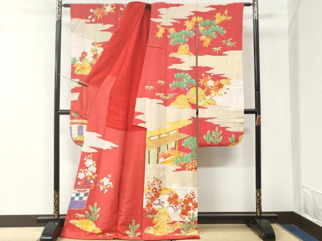 平和屋本店●アンティーク　大正ロマン　振袖　駒刺繍　雲取り松竹梅橘風景花文　金彩　正絹　逸品　CABK7437yc