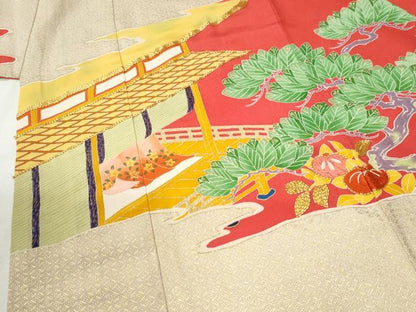 平和屋本店●アンティーク　大正ロマン　振袖　駒刺繍　雲取り松竹梅橘風景花文　金彩　正絹　逸品　CABK7437yc