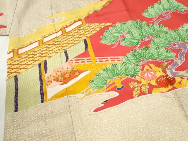 平和屋本店●アンティーク　大正ロマン　振袖　駒刺繍　雲取り松竹梅橘風景花文　金彩　正絹　逸品　CABK7437yc