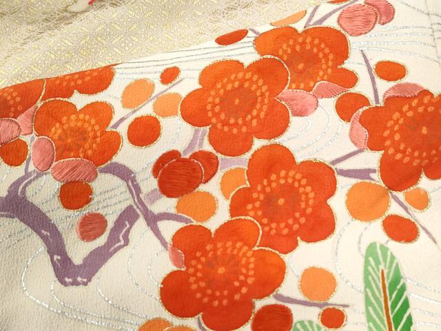 平和屋本店●アンティーク　大正ロマン　振袖　駒刺繍　雲取り松竹梅橘風景花文　金彩　正絹　逸品　CABK7437yc