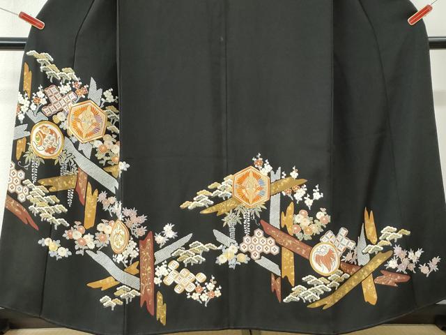 平和屋着物●創業460年・千總　黒留袖　駒刺繍　双鶴宝尽くし花松文　金彩　正絹　逸品　CABK7454yc