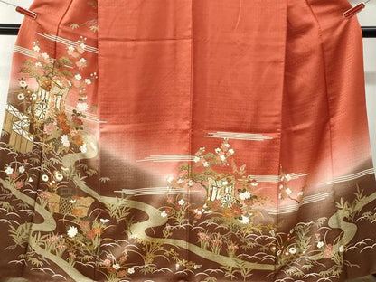 平和屋着物●訪問着　駒刺繍　御所車流水松竹梅籬花文　暈し染め　金彩　正絹　逸品　CABK7464yc