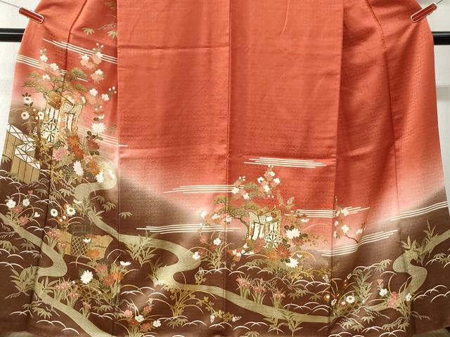 平和屋着物●訪問着　駒刺繍　御所車流水松竹梅籬花文　暈し染め　金彩　正絹　逸品　CABK7464yc