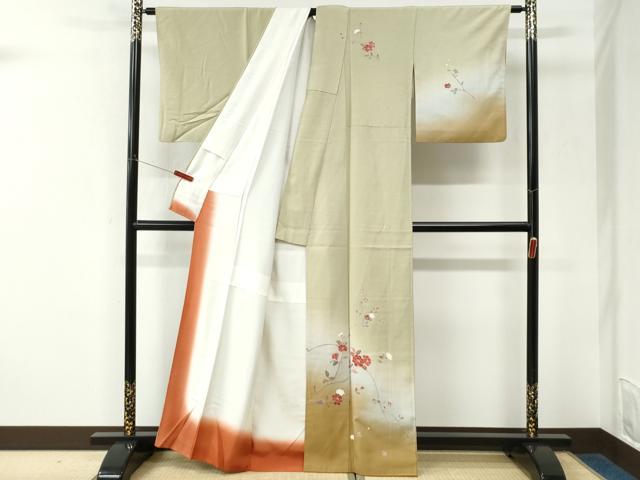 平和屋着物●訪問着　紬地　作家物　枝花文　正絹　逸品　CABK7466yc