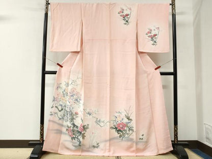 平和屋着物●訪問着　友禅　休み鳥御所車枝花文　暈し染め　鬼しぼ縮緬　正絹　逸品　CABK7472yc