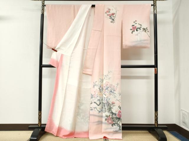 平和屋着物●訪問着　友禅　休み鳥御所車枝花文　暈し染め　鬼しぼ縮緬　正絹　逸品　CABK7472yc
