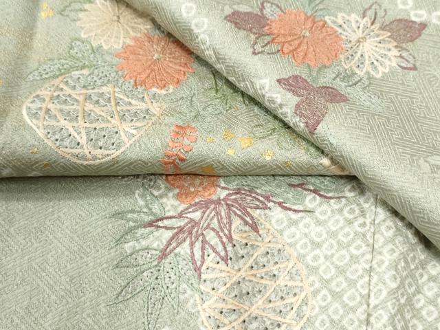 平和屋着物●中国三大刺繍　スワトウ刺繍　総刺繍　訪問着　雲重ね花籠文　金彩　正絹　逸品　CABK7477yc