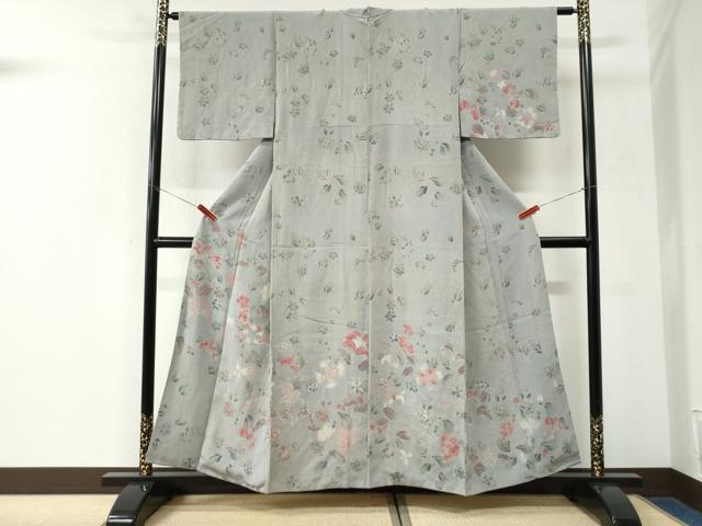 平和屋着物●訪問着　草花文　鬼しぼ縮緬　正絹　逸品　CABK7490yc