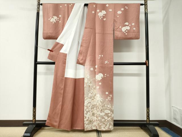 平和屋着物●訪問着　刺繍　牡丹草花文　暈し染め　金彩　正絹　逸品　CABK7491yc