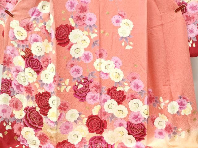 平和屋着物●豪華振袖　薔薇　舞花文　ラメ糸　暈し染め　銀通し地　正絹　逸品　CABK7526yc