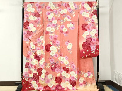 平和屋着物●豪華振袖　薔薇　舞花文　ラメ糸　暈し染め　銀通し地　正絹　逸品　CABK7526yc
