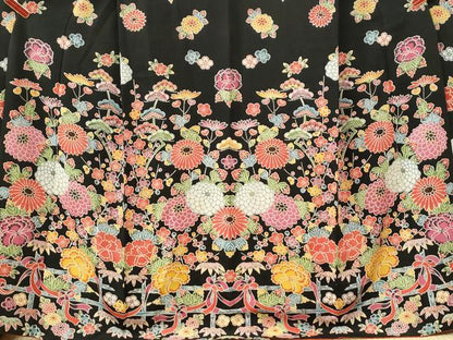 平和屋着物●豪華振袖　紅型　竹垣松竹梅花文　黒地　鬼しぼ縮緬　正絹　逸品　CABK7527yc