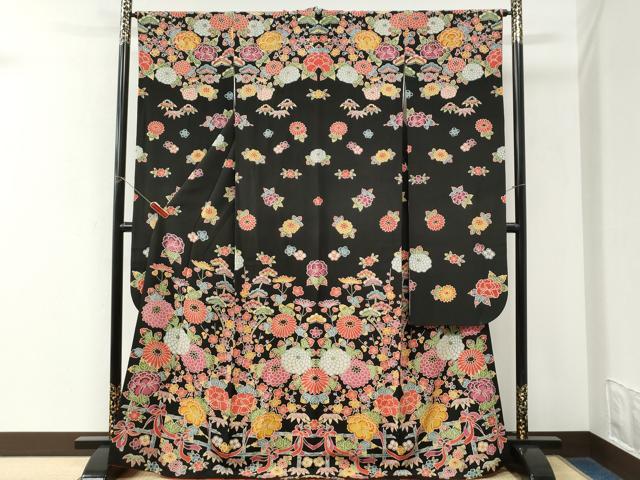 平和屋着物●豪華振袖　紅型　竹垣松竹梅花文　黒地　鬼しぼ縮緬　正絹　逸品　CABK7527yc
