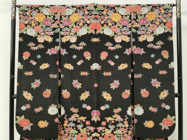 平和屋着物●豪華振袖　紅型　竹垣松竹梅花文　黒地　鬼しぼ縮緬　正絹　逸品　CABK7527yc