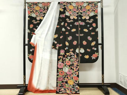 平和屋着物●豪華振袖　紅型　竹垣松竹梅花文　黒地　鬼しぼ縮緬　正絹　逸品　CABK7527yc