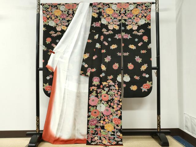 平和屋着物●豪華振袖　紅型　竹垣松竹梅花文　黒地　鬼しぼ縮緬　正絹　逸品　CABK7527yc