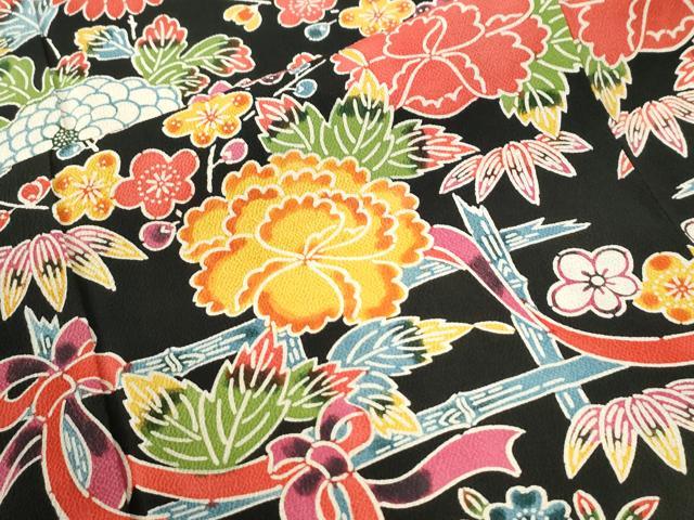 平和屋着物●豪華振袖　紅型　竹垣松竹梅花文　黒地　鬼しぼ縮緬　正絹　逸品　CABK7527yc