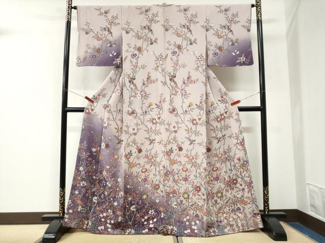 平和屋着物●訪問着　休み鳥更紗枝花文　暈し染め　鬼しぼ縮緬　正絹　逸品　CABK7532yc