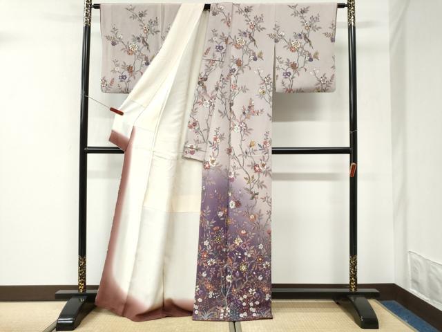 平和屋着物●訪問着　休み鳥更紗枝花文　暈し染め　鬼しぼ縮緬　正絹　逸品　CABK7532yc