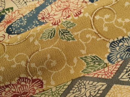 平和屋着物●手差し紅型作家　西岡都巳二　訪問着　双鶴菱蜀江花唐草文　鬼しぼ縮緬　正絹　逸品　CABK7533yc