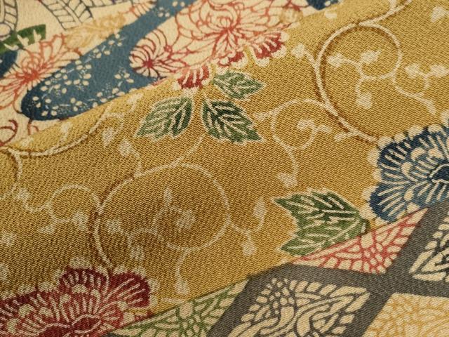 平和屋着物●手差し紅型作家　西岡都巳二　訪問着　双鶴菱蜀江花唐草文　鬼しぼ縮緬　正絹　逸品　CABK7533yc