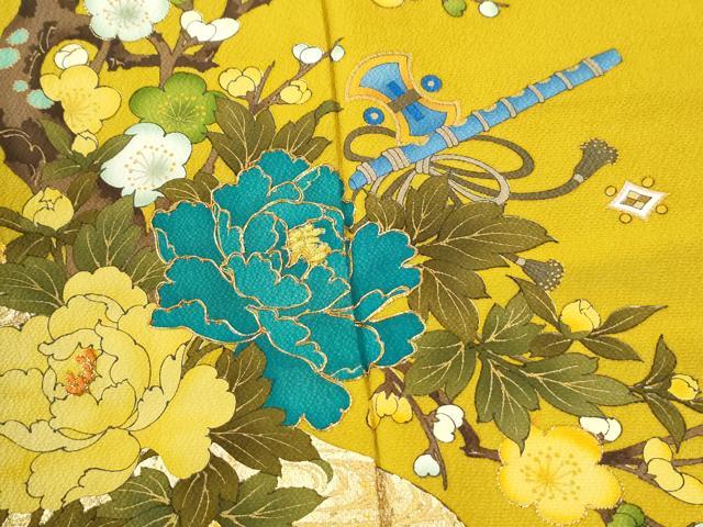 平和屋着物●豪華振袖　駒刺繍　横笛宝尽くし牡丹花文　ラメ糸　金彩　正絹　逸品　CABK7535yc