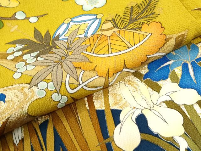 平和屋着物●豪華振袖　駒刺繍　横笛宝尽くし牡丹花文　ラメ糸　金彩　正絹　逸品　CABK7535yc