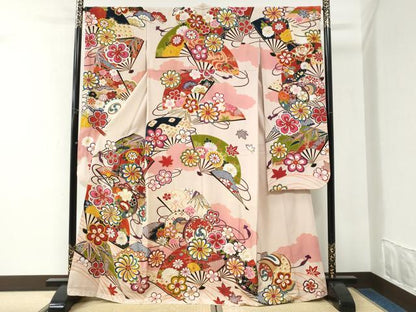平和屋着物●豪華振袖　駒刺繍　扇面鼓舞花文　金彩　正絹　逸品　CABK7542yc