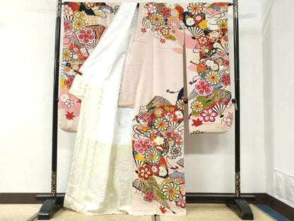 平和屋着物●豪華振袖　駒刺繍　扇面鼓舞花文　金彩　正絹　逸品　CABK7542yc