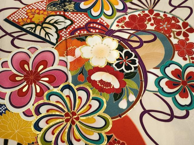 平和屋着物●豪華振袖　駒刺繍　扇面鼓舞花文　金彩　正絹　逸品　CABK7542yc