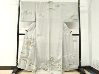 平和屋着物●訪問着　駒刺繍　遠山松竹梅風景文　暈し染め　金彩　正絹　逸品　CABK7549yc