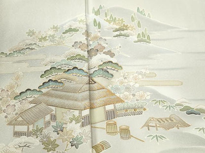 平和屋着物●訪問着　駒刺繍　遠山松竹梅風景文　暈し染め　金彩　正絹　逸品　CABK7549yc