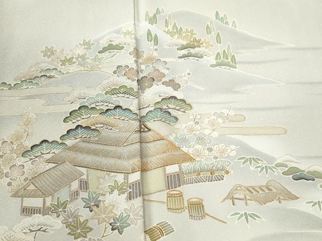平和屋着物●訪問着　駒刺繍　遠山松竹梅風景文　暈し染め　金彩　正絹　逸品　CABK7549yc
