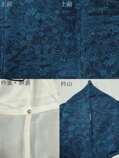 平和屋着物●上質な小紋　藍　型染め　流水草花文　鬼しぼ縮緬　ロング丈　正絹　逸品　CABK7572yc
