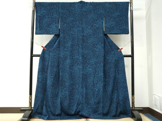 平和屋着物●上質な小紋　藍　型染め　流水草花文　鬼しぼ縮緬　ロング丈　正絹　逸品　CABK7572yc