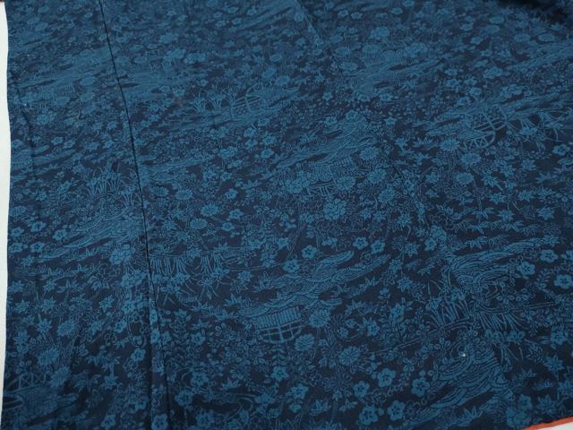 平和屋着物●上質な小紋　藍　型染め　流水草花文　鬼しぼ縮緬　ロング丈　正絹　逸品　CABK7572yc