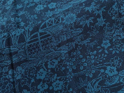 平和屋着物●上質な小紋　藍　型染め　流水草花文　鬼しぼ縮緬　ロング丈　正絹　逸品　CABK7572yc