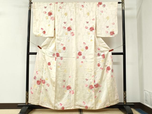 平和屋着物●上質な小紋　地紋起こし　薔薇　銀糸　正絹　逸品　CABK7583yc