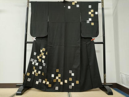 平和屋着物●訪問着　色紙鹿の子文　黒地　金銀彩　正絹　逸品　CABK7636yc