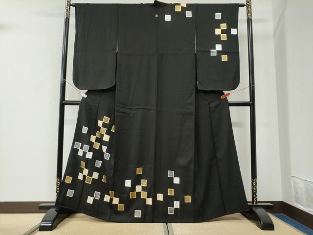 平和屋着物●訪問着　色紙鹿の子文　黒地　金銀彩　正絹　逸品　CABK7636yc
