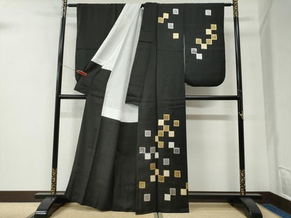 平和屋着物●訪問着　色紙鹿の子文　黒地　金銀彩　正絹　逸品　CABK7636yc