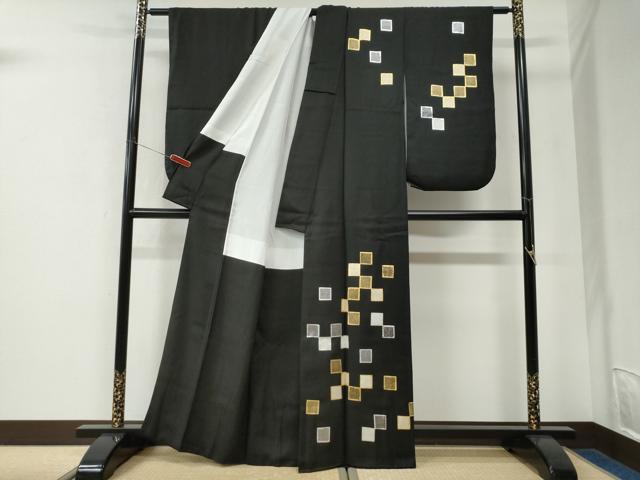 平和屋着物●訪問着　色紙鹿の子文　黒地　金銀彩　正絹　逸品　CABK7636yc