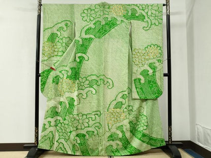 平和屋着物●豪華振袖　総絞り　駒刺繍　立波菊花唐草文　正絹　逸品　CABK7639yc