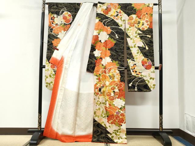 平和屋着物●豪華振袖　駒刺繍　鼓牡丹花文　黒地　金彩　正絹　逸品　CABK7640yc