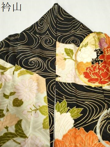 平和屋着物●豪華振袖　駒刺繍　鼓牡丹花文　黒地　金彩　正絹　逸品　CABK7640yc