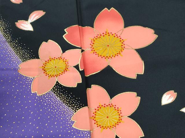 平和屋着物●振袖　背抜き仕立て　舞桜文　黒地　金彩　洗える着物　CABK7645yc